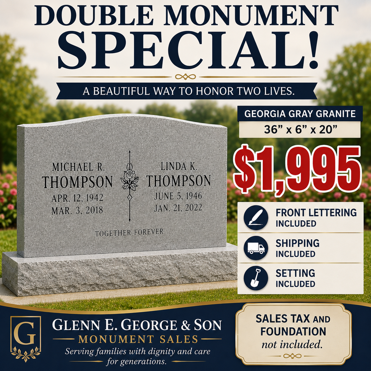 Double Monument Special: Georgia Gray granite, 36 by 6 by 20 inches, $1,995 with front lettering, shipping, and setting included